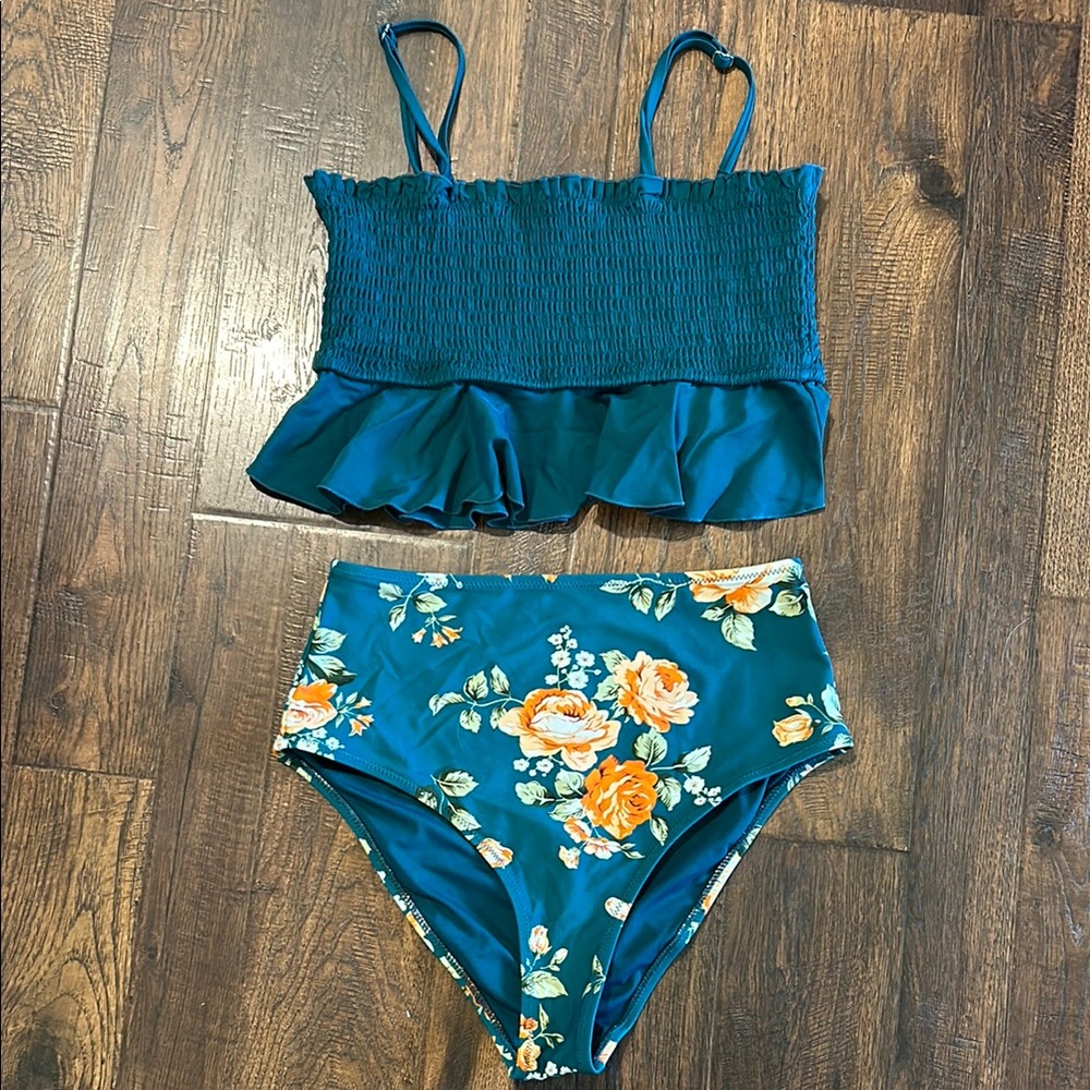 CupShe Teal Floral Bikini Set Size L